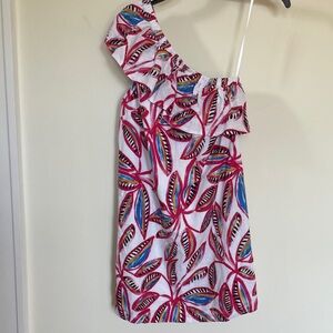 J.Crew XS Linen Blend One Shoulder Ruffle Dress Tropical Print Summer